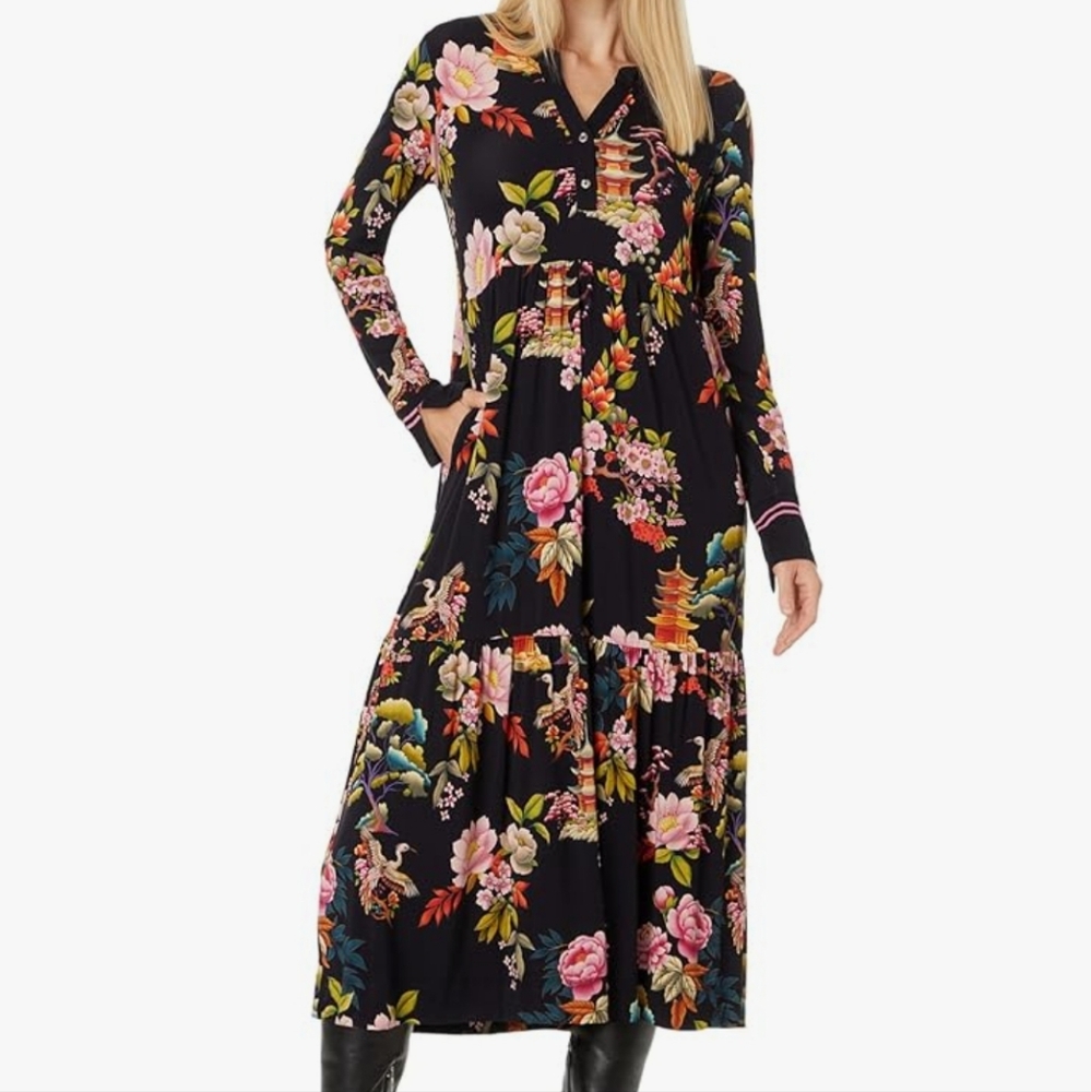 Johnny Was New Janie Floral Print knit split vneck long sleeve Tiered Dress Med